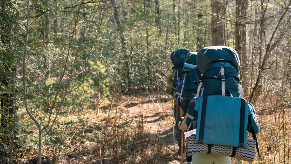 a young woman hiking wearing a backpack in the woods