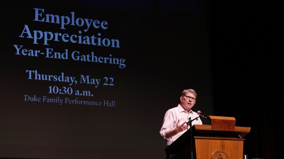 President Doug Hicks ’90 thanked and congratulated employees on a successful academic year during the Employee Appreciation event