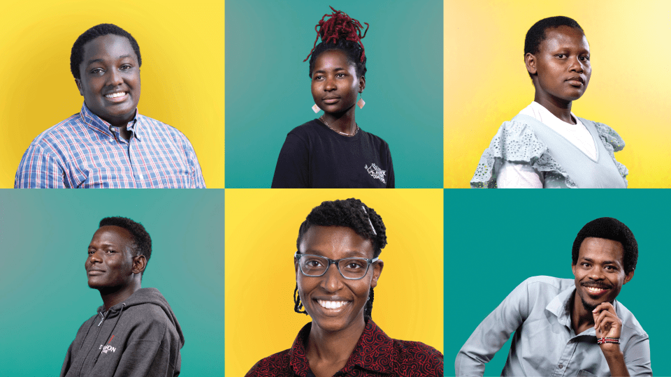 a compilation of headshots on teal and yellow backgrounds picturing young Black men and women