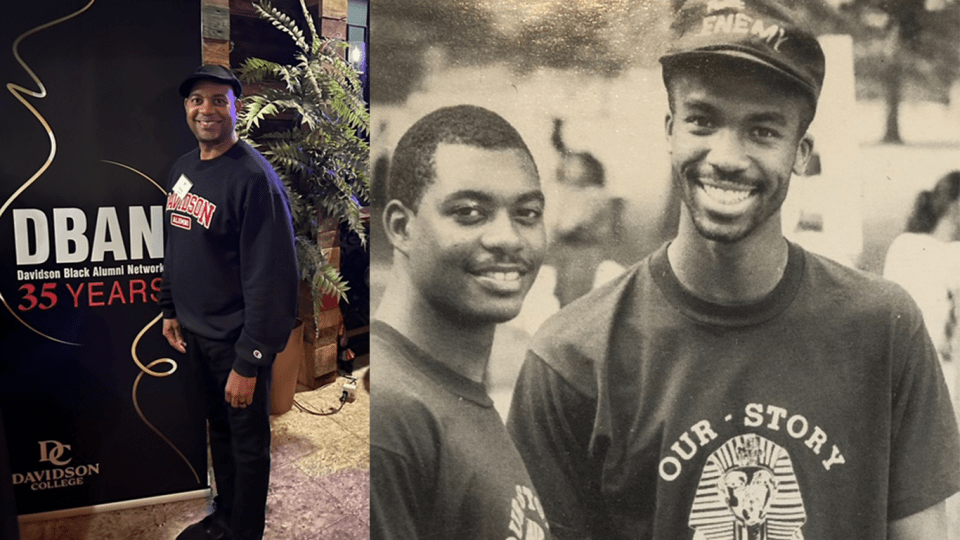 Collage of Linsey Mills ’92 standing next to DBAN sign, vintage photo from college days