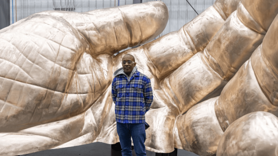 Artist Hank Willis Thomas at the Walla Walla Foundry to review progress on the sculpture, shown here before application of the bronze patina.