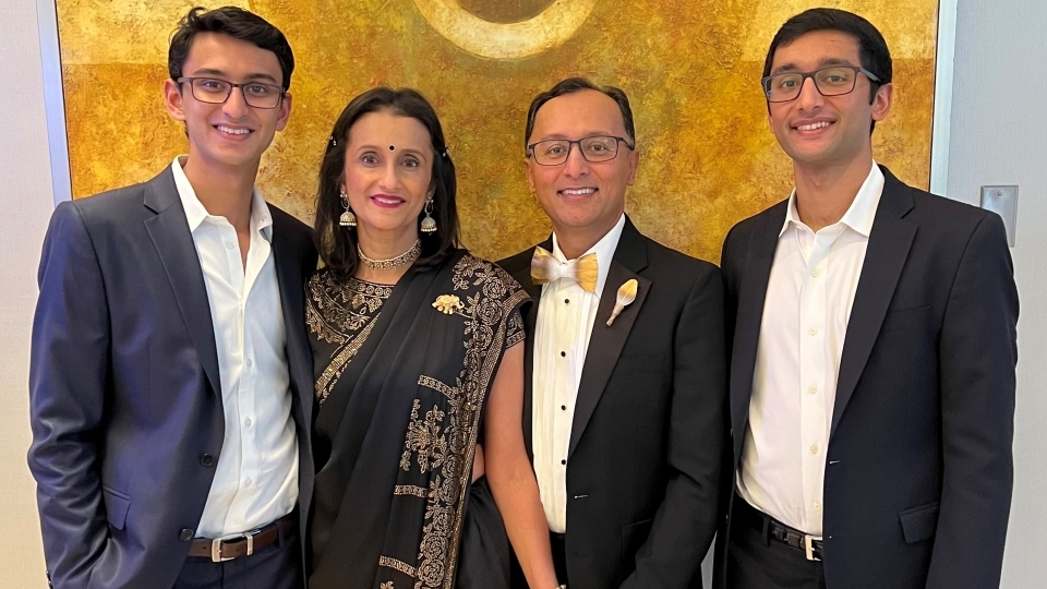 Ameesha and Kashyap Kansupada with their sons, Cabir and Jeevun dressed for a celebration