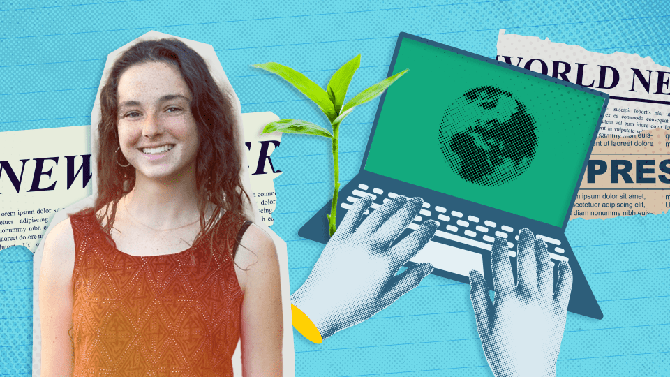 Collage of student Stella Mackler, news clippings, laptop, and sprouting plant