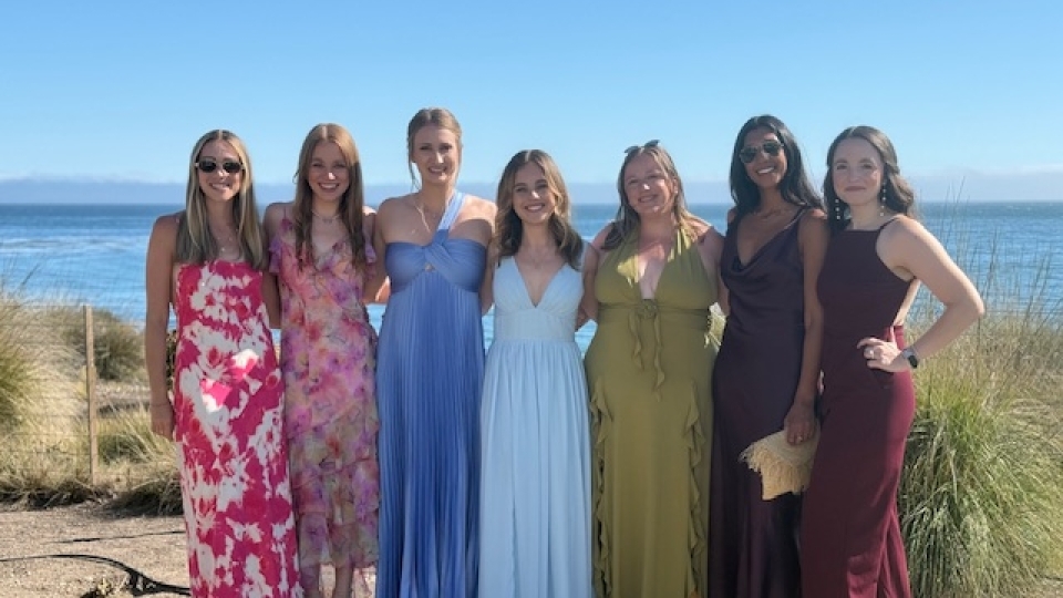 Class of 2017 friends (l-r) Shannon Doherty, Annie Rowland, Paige Buckland, Devon Winsor, Sylvia Strauss, Sabrina Cheema and Katie Belanger in San Louis Obispo celebrating the wedding of classmate Emily Palmer