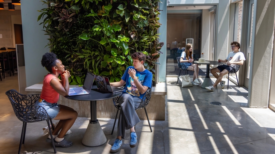 two people meet over laptops and notebooks in a modern academic space