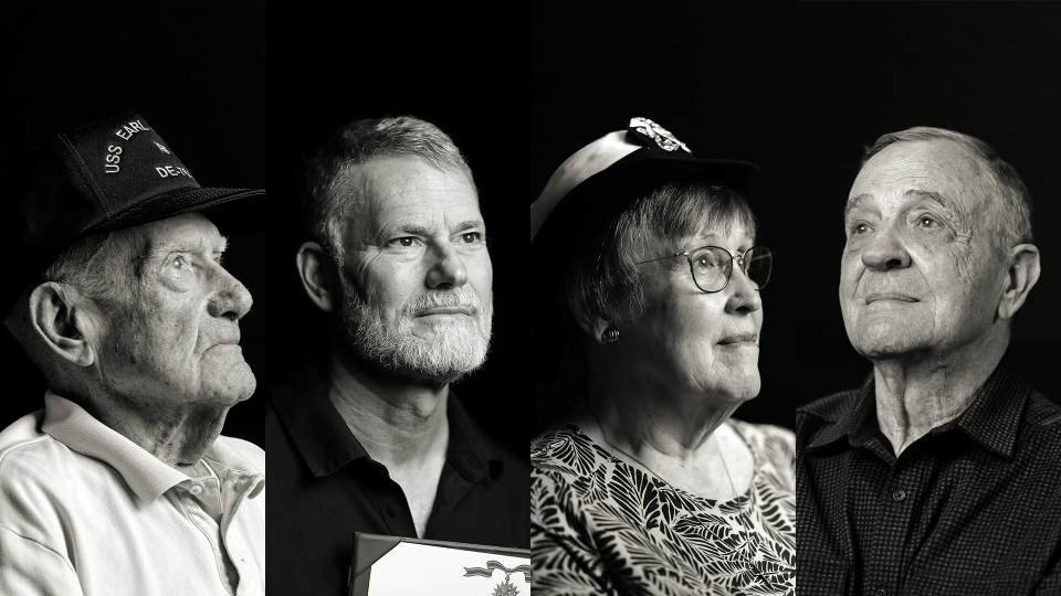 Four people of varying ages look away from the camera in stark lighting