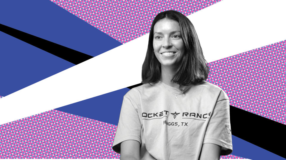 a young woman in black and white on a blue and purple background