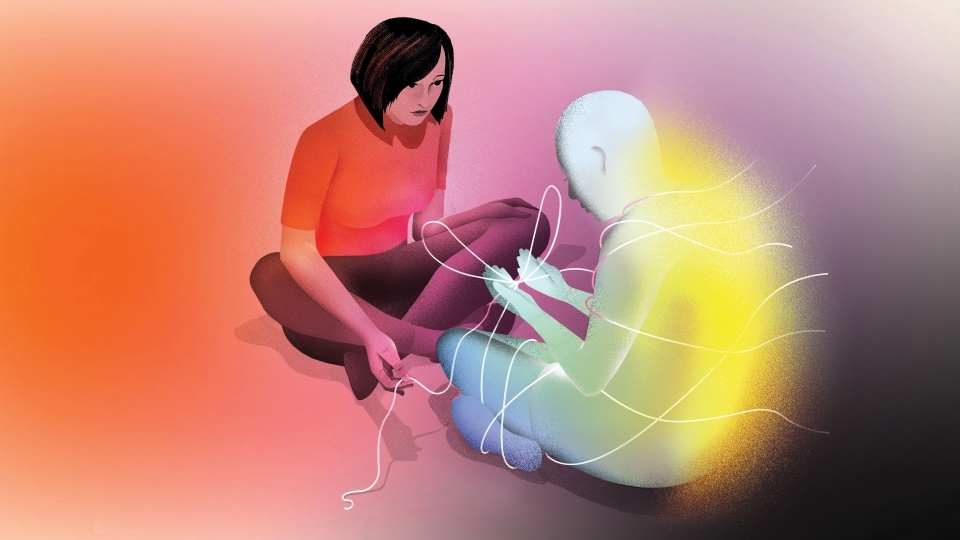 A Loving Death Illustration by Brain Stauffer of a person and a shadow tying knots