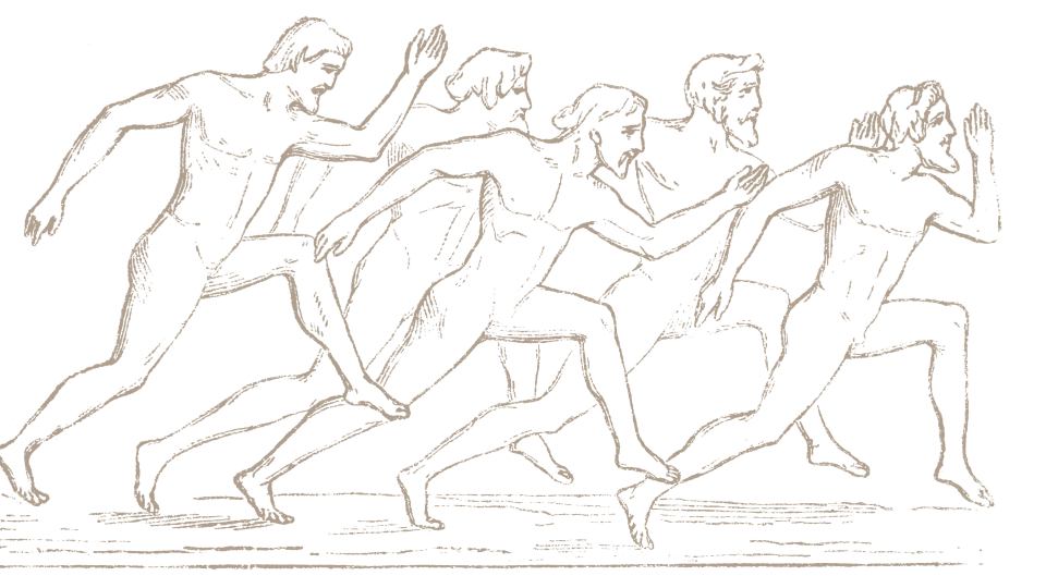 A sepia-toned line drawing of five athletic men with beards and long hair competing in a footrace, depicted in the style of ancient Greek pottery art.