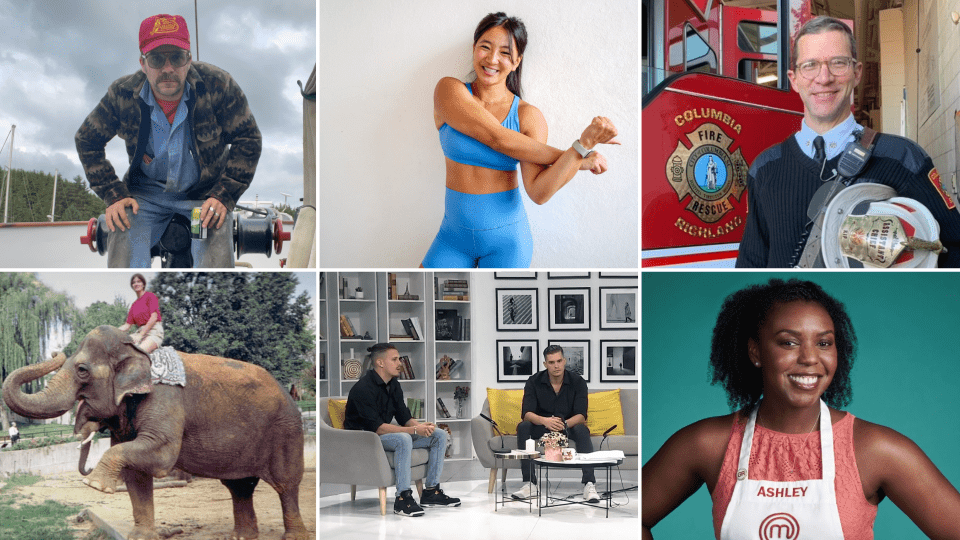A 2x3 grid of diverse portraits including a fisherman on a boat, a woman in an office, a fire chief, a woman riding an elephant, two men in a studio interview, and a woman in a MasterChef apron.