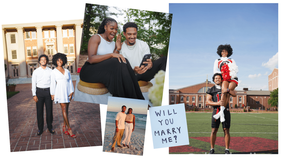 A collage of a couple’s relationship milestones, including photos of them dressed formally on a campus, at the beach, a football player holding a cheerleader, and a close-up of the woman reacting with excitement to an engagement ring while looking at a phone, next to a note that says, "WILL YOU MARRY ME?"