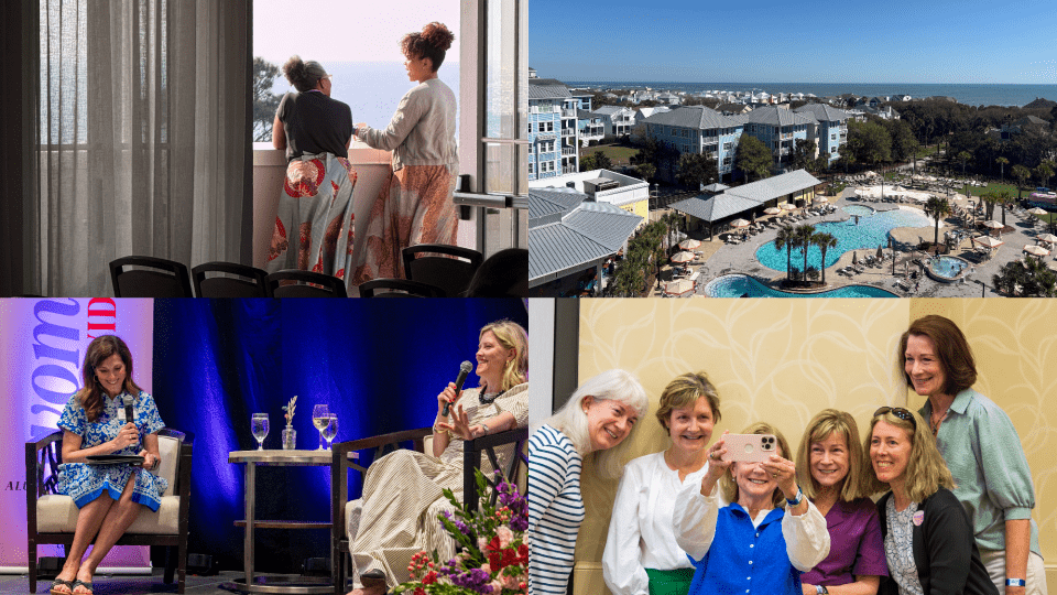 Four images: two women looking out of a window, a scenic beach view, two women onstage at event, group of women taking a selfie