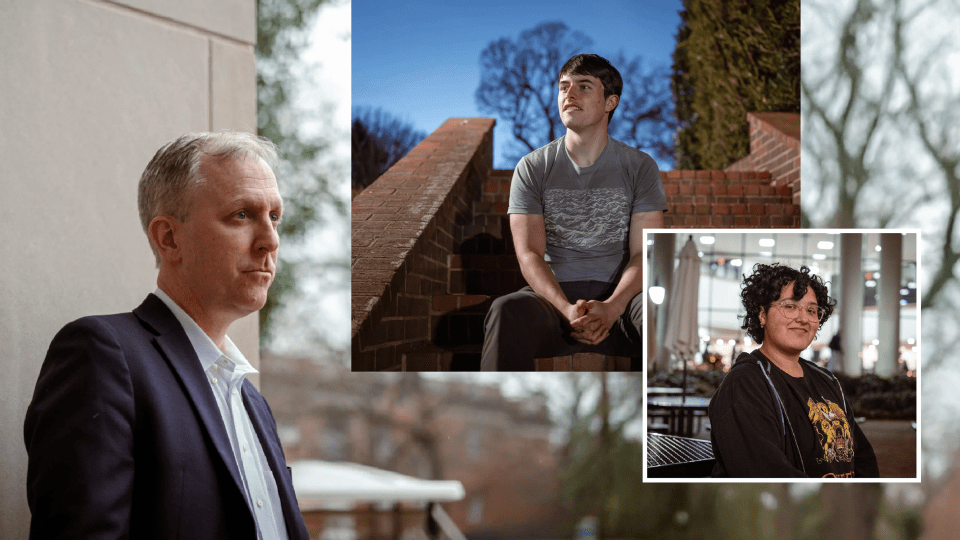 A collage of three individual portraits featuring a middle-aged man in a suit looking thoughtfully to the side, a young man in a graphic T-shirt sitting on brick outdoor stairs, and a smiling young woman with curly hair and glasses in an indoor setting.