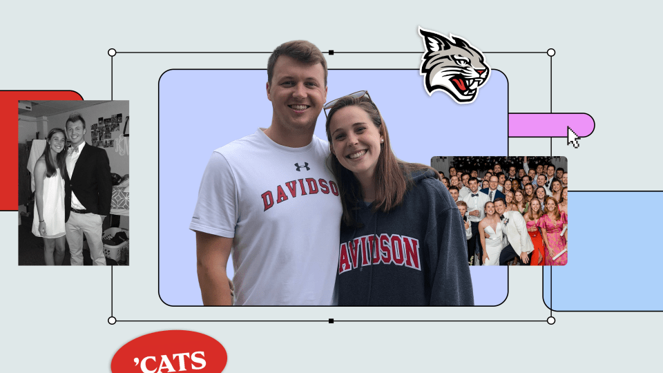 Collage of Trey and Katherine in Davidson sweatshirts, with a Y2k inspired digital interface and branded stickers