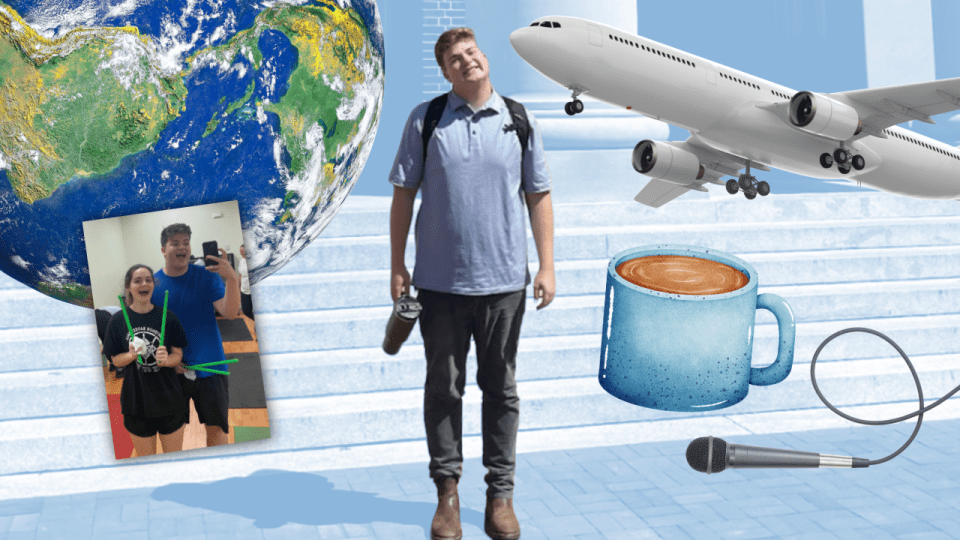 A student stands outside with a collage of items over him—a globe, selfie, coffee cup, microphone, and airplane