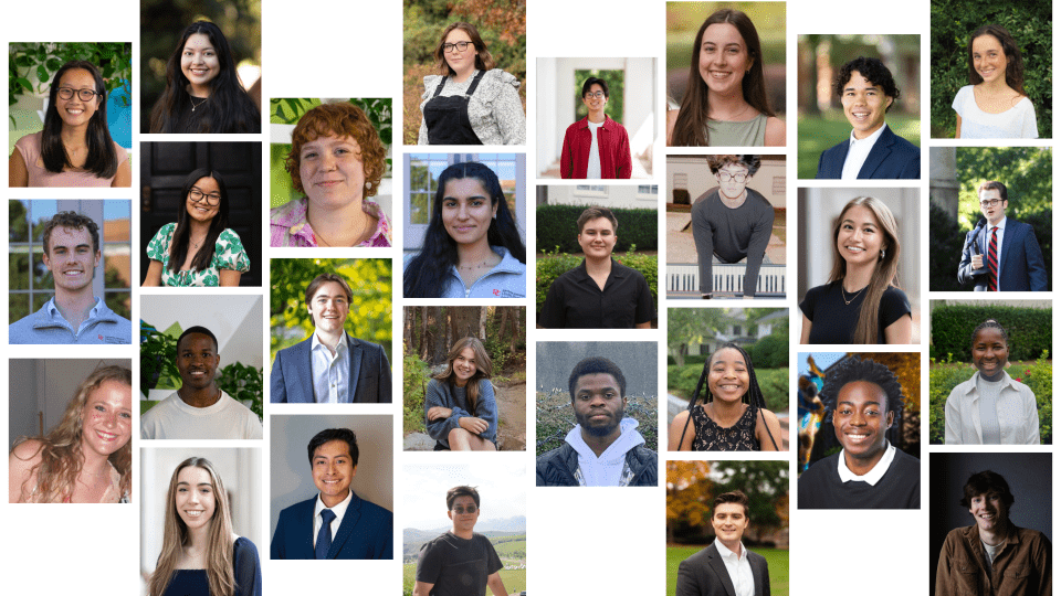 A collage of professional and casual headshots featuring a diverse group of over 20 smiling young adults, arranged in a grid-like pattern against a white background.