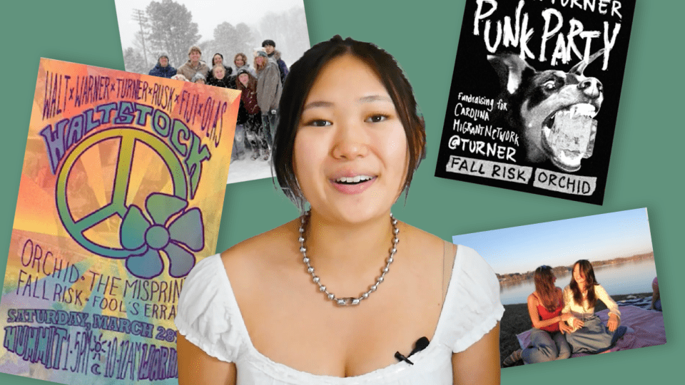 Ellie Kim '29 on a green background with posters and photos collaged behind them