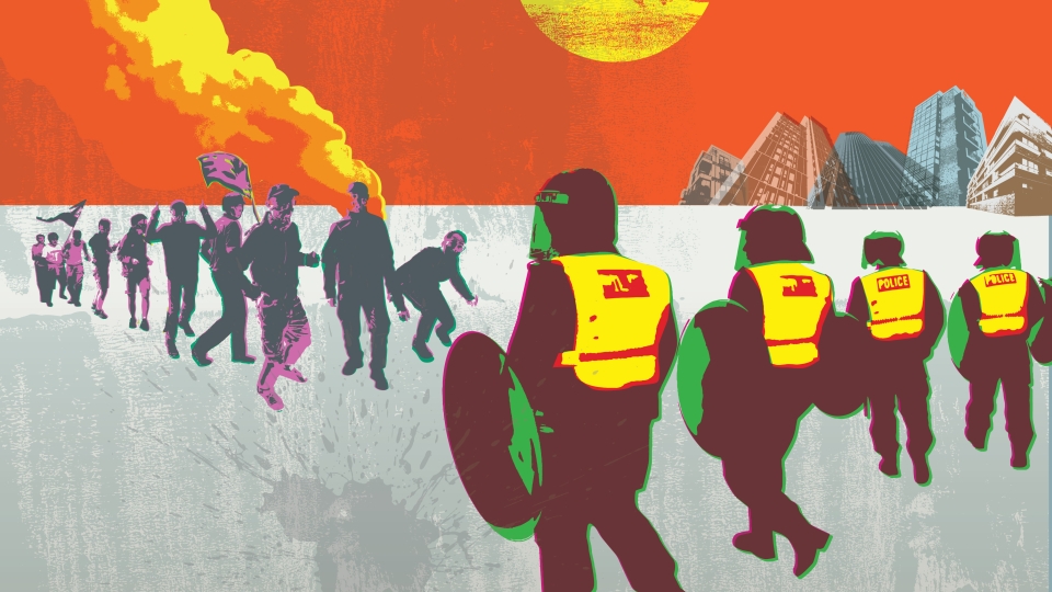 Anatomy of Unrest Main Illustration of men in uniform against protestors