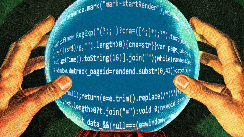 Illustration of a crystal ball filled with programmer code