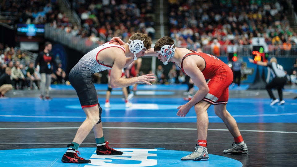 wrestler Anderson Heap ’28 during his title match at the Southern Conference (SoCon) Championships March 7