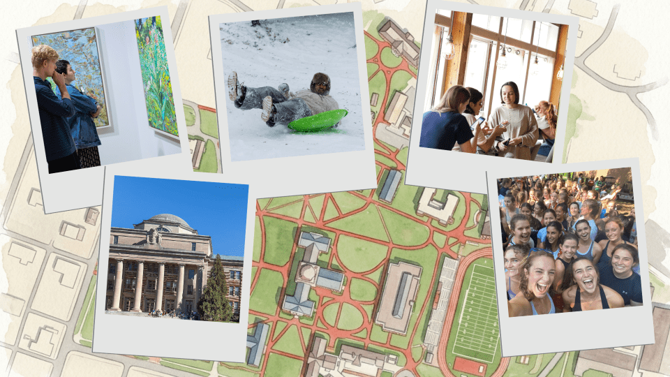 A collage of polaroid-style photos showing students looking at art, sledding, hanging out indoors, posing in a large group, and a domed campus building, layered over an aerial map of a college campus
