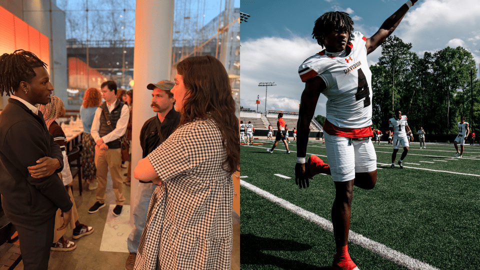 A male student (left) at a networking event at the Whitney Museum of American Art and on the football field in uniform (right)