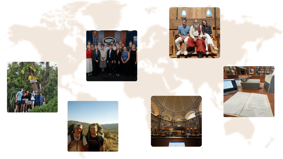 A photo collage arranged across a faint world map displaying six scenes of travel, study, and group activities, including hiking, professional group events, library research, and cultural experiences.