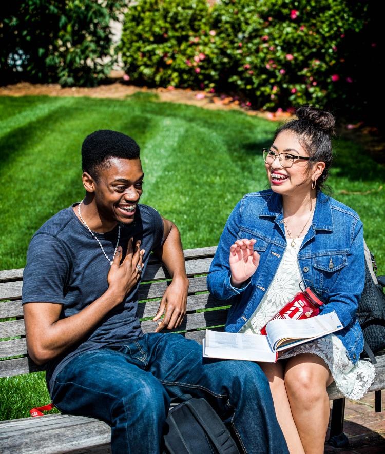 Students Laughing while Studying Outside