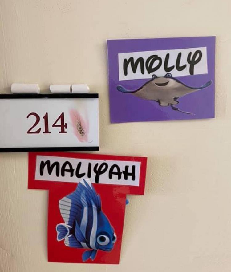 Two door tags, one for Molly with a stingray and Maliyah's tag with a fish