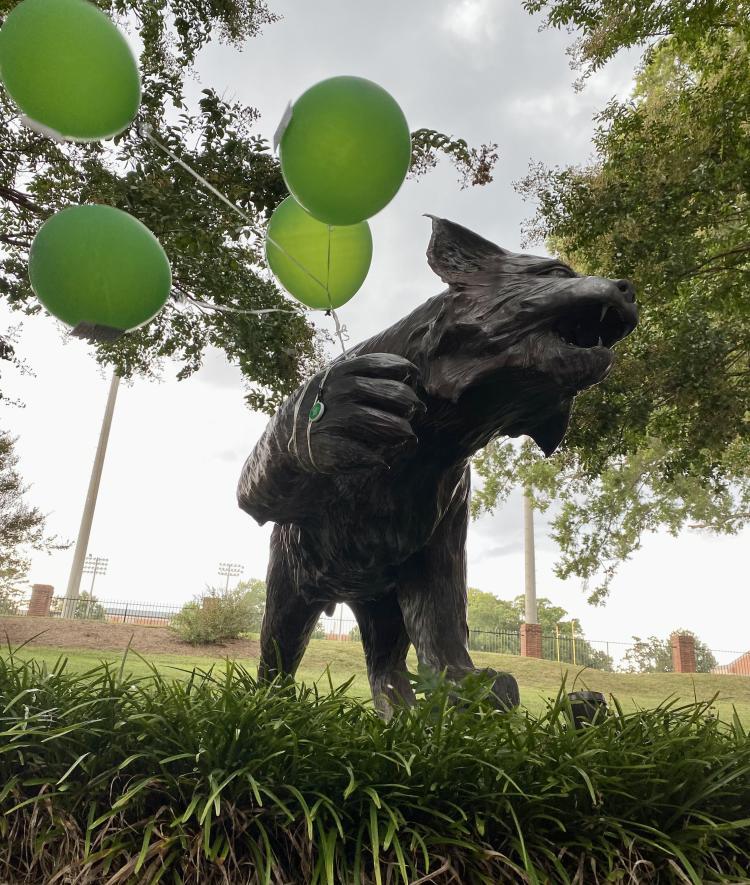 Wildcat statue with Green Balloons