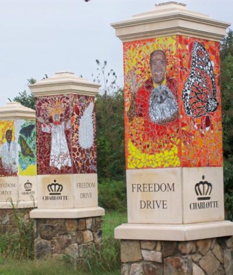 decorated pillars that read "Freedom Drive"