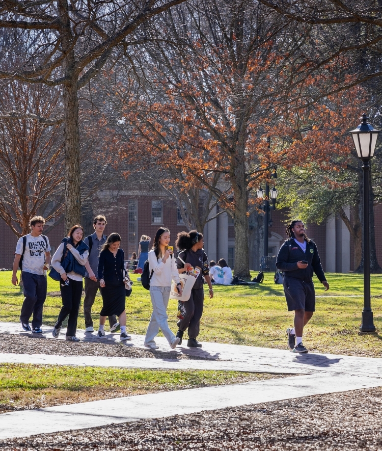 students walking on campus during springtime