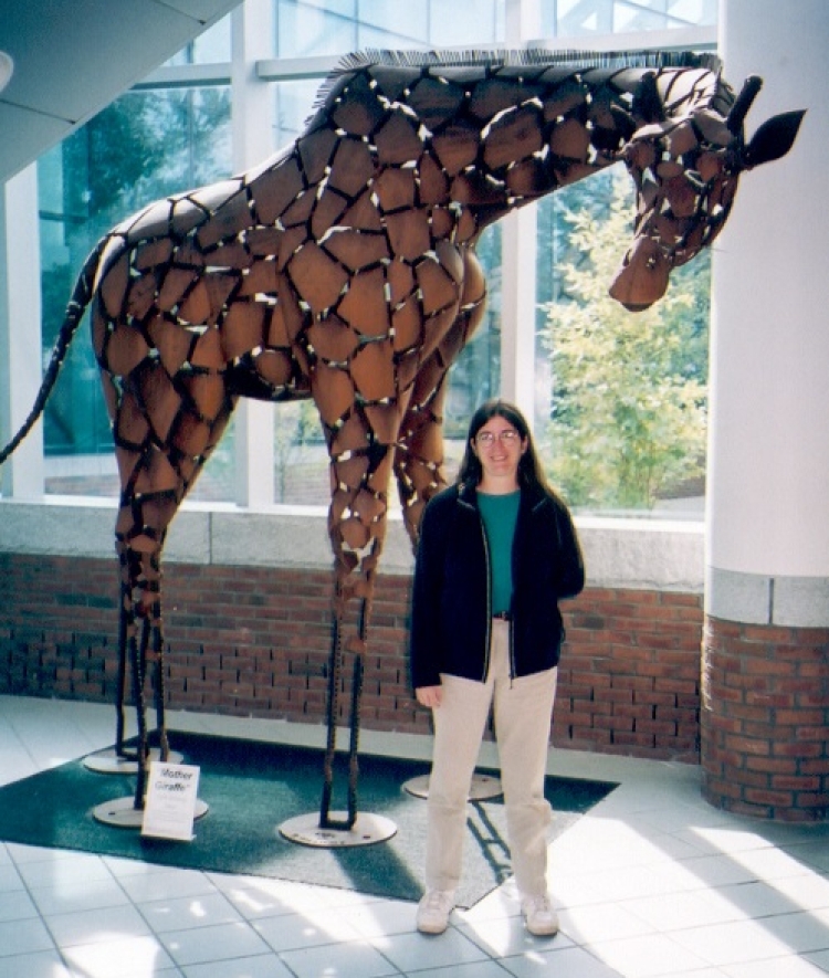 A woman stands next to a large, life-sized giraffe sculpture made of brown metal shards in a sunlit indoor atrium.