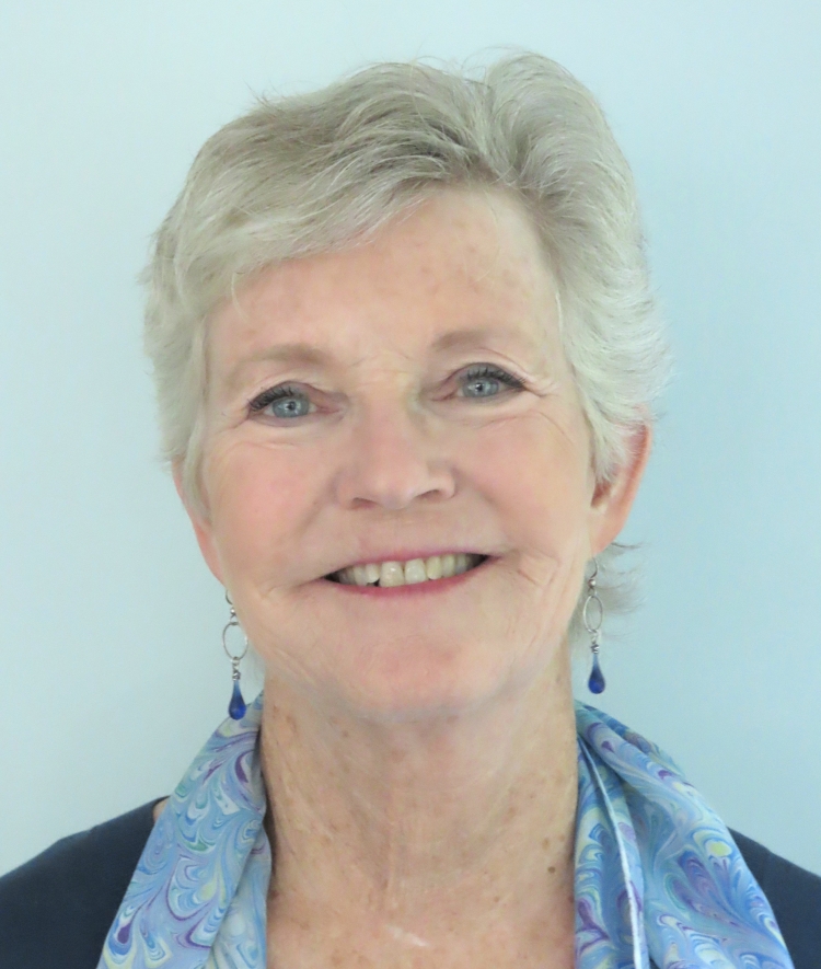 A portrait of Ann Tutwiler smiling, with short gray hair, wearing blue teardrop earrings and a blue and purple patterned scarf against a light blue background.
