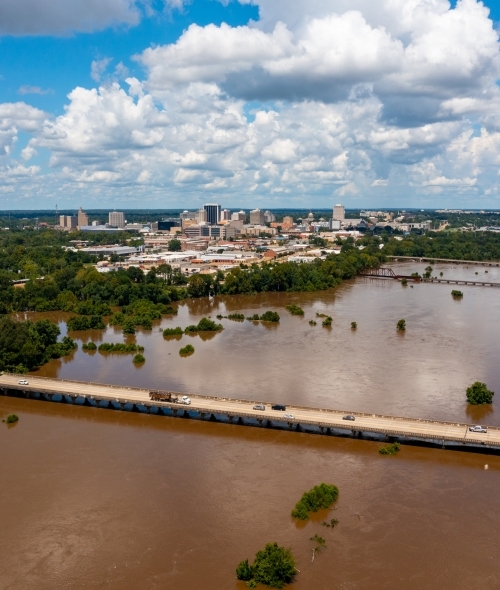 Brown flood waters in Jackson, Mississippi