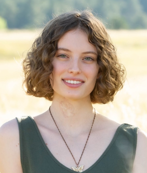 A woman with short, wavy light-brown hair and a butterfly necklace smiles in front of a sunlit grassy field