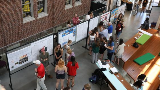 Bird's eye view of students giving presentations of research at the Symposium