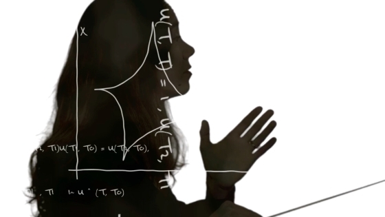 Music conductor with math equations overlaying her silhouette