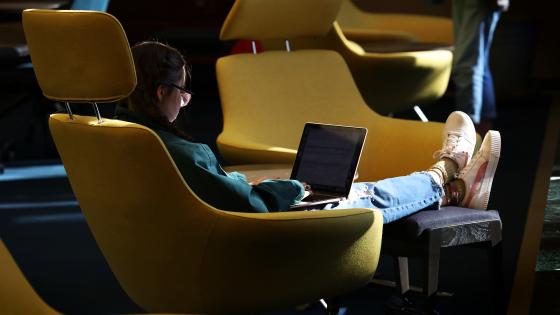 Student Studying in Library on Laptop