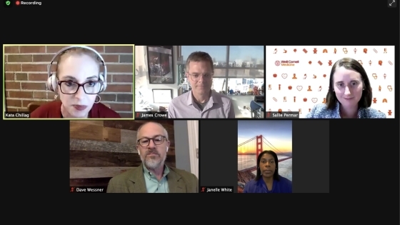 Kata Chillag, Janelle White, Sallie Permar, James Crowe, Dave Wessner on a Zoom Webinar