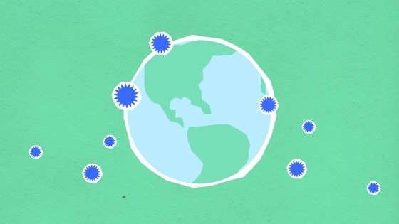 Graphic of globe and spikes of virus overlayed and around the earth