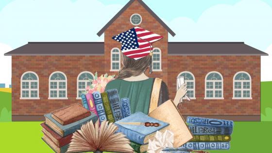 Cartoon of Girl in front of school building with books and wearing graduation regalia