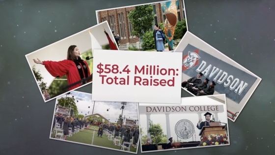 Still of Video that Says, "$58.4 Million Total Raised" surrounded by commencement photos