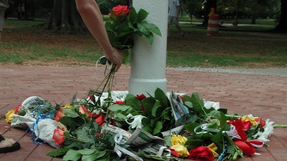 roses and flowers scattered on ground around flagpole in front of Chambers