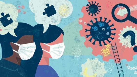 Graphic of two people with speech bubbles containing puzzle pieces looking at cloud with question mark, virus, DNA and magnifying glass