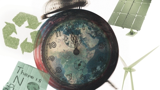 Collage of ringing alarm clock with Earth superimposed on the face encircled by a solar panel, a windmill, an recycling symbol and a sign saying "There is no planet B."