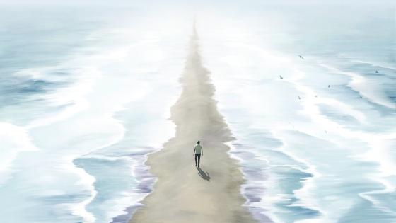 A drawing of a man walking along a beach
