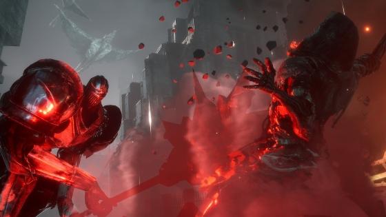 in a video game, a figure in armor fights a monster as red light and smoke are cast around them