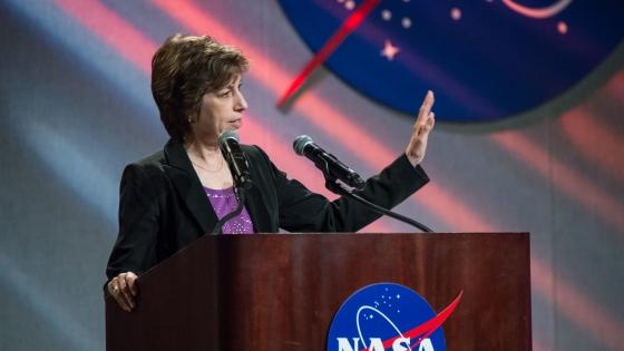 Johnson Space Center Director Ellen Ochoa speaks to center personnel