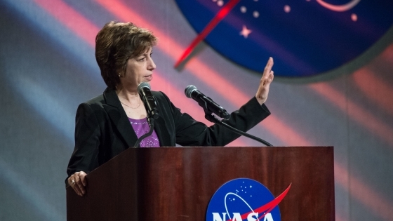 Johnson Space Center Director Ellen Ochoa speaks to center personnel